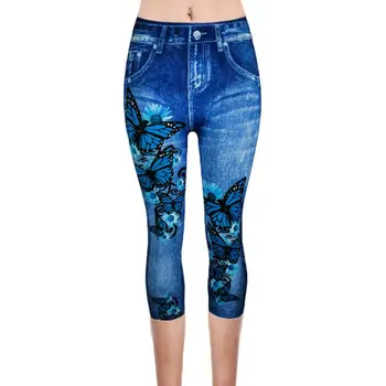 Plus Velikost Womens Ponaredek Jeans Capri Hlače Retro Pralno Barvo Metulj Denim Tiskanja Visoko Pasu Odrezana Elastične Nogavice XS-3XL