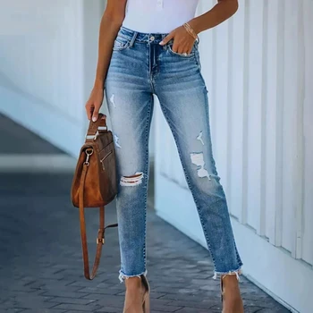 Plus Velikost Ženske Jeans Stretchy Modra Stiski Traper Raztrgane Hlače, Hlače Z Luknjami Skinny Jeans Za Ženske Jeseni Leta 2020 Oblačila