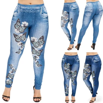 Plus Velikost Ženske Skinny Jeans Hlače Elastični Pas Metulj Natisnjeni Dolgo Svinčnik Hlače Modni Priložnostne Dame Hlače D30