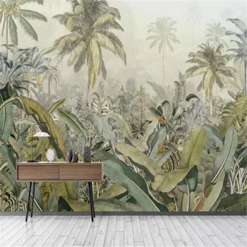 Po meri ročno poslikano tropskega deževnega gozda rastlin banana listov soba, dnevna soba, slike za ozadje zidana