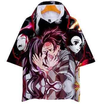 Poletje Harajuku Moški T-Shirt Top Anime Hooded Tshirt 3D Tiskanih Demon Slayer: Kimetsu Ne Yaiba Risanka Tee Vrhovi Hip Hop Stilu