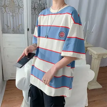 Poletje Japonski Modni Hit Barvne Trakove Tshirt Multicolor Mozaik Pol-Kratek Sleeved Modi Obleke, Moški Korejski Mladih Moških Vrh
