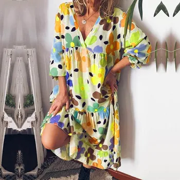 Poletje Obleko 2020 V vratu Dolg Rokav Obleke za Ženske Cvjetnim Tiskanja Jeseni Plaža Obleko Plus Velikost Svoboden Sundress Ženski 5XL Nova