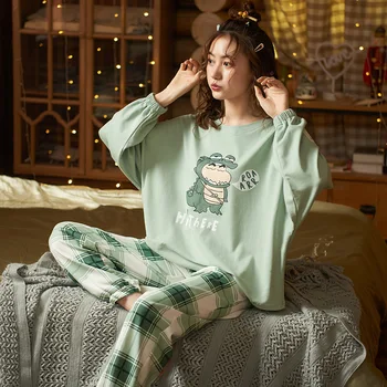 Pomlad Domov Oblačila za Ženske Srčkan Risanka Tiskanja Pižamo za Ženske Bombaž Kariran Hlače Sleepwear Nastavite Pižame Ženske Pijama Mujer