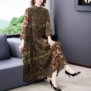 Pomlad Jesen Obleka Ženske 2021 Moda Eleganten Dolg Rokav Natisnjeni Precej Čipke Cvet Oblačilih, Plus Velikost Svoboden korejski Oblačila y1295