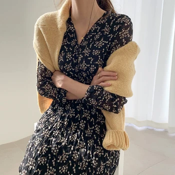 Pomlad Zima Osnovne Nosijo Obleke Ženske V Vratu Design Za Korejo Japonska Slog Vitek Pas Črto Šifon Cvetlični Vintage Obleko Dolgo S525