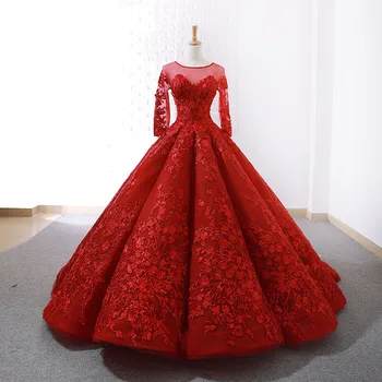 Poročna Obleka 2020 Nove Luksuzne Rdeče Nevesta Obleko Poln Rokav Sodišče Vlak Čipke Žogo Obleke Princess Klasičnih Vestido De Noiva