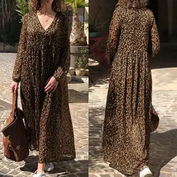Priložnostne V Vratu Leopard Sundress ZANZEA Pomlad Moda Stranka Obleko Ženske Dolg Rokav Bohemian Tiskanja Dolgo Maxi Vestido Ženski Plašč