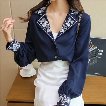QoerliN Vintage Bluze 2020 Elegantno River Cvet Vezenje korejski OL Rokavi Ženske Enotni-Zapenjanje Svoboden Vrhovi Plus Velikost 2XL