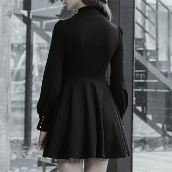 QWEEK Black Gothic Obleka Ženske Gotike Goth Povoj Mini Obleka Gothic Harajuku Punk Dolg Rokav Čipke-up Mrežasto Obleko 2021