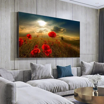 Rdečega Maka Platna Slike Sunset Platno Plakatov in Fotografij Cvetje Wall Art Slik, Dnevna Soba Dekoracijo