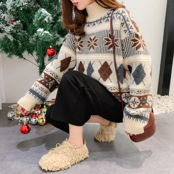 Retro jeseni in pozimi plesti pulover 2020 novi korejski ohlapen pulover ženske jakna z Dolgimi rokavi turtleneck