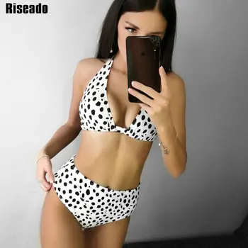 Riseado Visoka Vitka Seksi Bikini Kopalke Ženske Povodcem Kopalke, Ženska Dot Tiskanja Bikini Komplet Brazilski biquini Plaža Obrabe