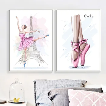 Roza Ballet Dekle Balet čevlji Stolp Wall Art Platno Slikarstvo Nordijska Plakatov In Fotografij Stenske Slike Dekle Otroci Soba Doma Dekor