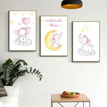Roza Slona Živali Platno Slikarstvo Baby Dekle Vrtec Wall Art Plakat in Tiskanje Nordijska Otroci Dekoracijo Sliko Spalnica Dekor