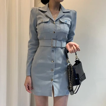 Sashes Majica Dolg Rokav Obleka Gumb Mini Seksi Črna Urad Roza Korejski Kratka Modra Harajuku Kleider Damen Jeseni Leta 2020 Pozimi