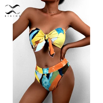 Seksi bandeau push up kopalke 2021 Colorblock print bikini komplet Visoko pasu kopalke ženske Brazilski vozel kopalke Plaža obrabe