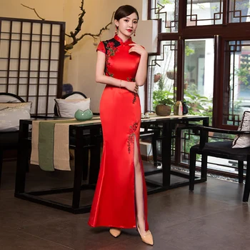 Seksi Dolgo Zeleno Cheongsam Pomlad Poletje Tradicionalni Kitajski stil Oblačenja Ženska Qipao Slim Stranke Obleke Gumb Vestido XS-XXXL