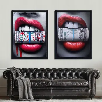 Seksi, pisane ustnice ugriz dolar in bullet Platno Slikarstvo Plakat Doma Dekoracijo Sten Umetniške Slike Za dnevno Sobo