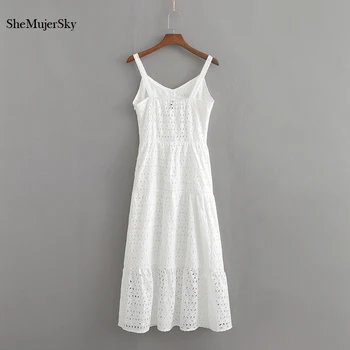 SheMujerSky Vezenje Belo Obleko Poletje 2019 Votlih Out Line Sundress Trak Ženske Obleke Midi Korejski Moda