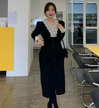 SHIJIA 2020 Novi Elegantni Proti-vrat Ženska Obleka Jeseni poln rokav čipke elastični pas slim black vestido obleka ženska moda korejski
