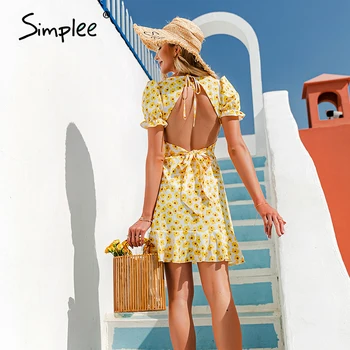 Simplee Elegantno flounce ruffles cvetlični obleko Modne mehurček rokav backless čipke poletje obleko Visoko pasu mini obleka ženske