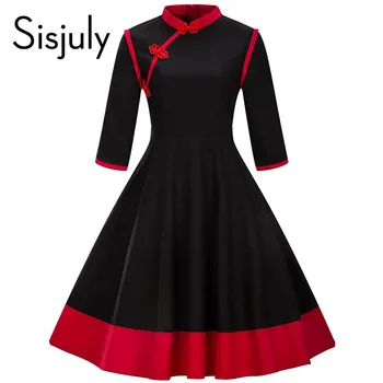 Sisjuly vintage obleko 1950 pomlad črna mozaik črto stranke obleke qipao vratu elegantno rdeče tri četrtine retro obleko nova