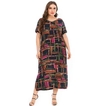 Siskakia Plus Velikost Midi Obleko Poletje 2020 Moda Geometrijo Tiskanja Bližnjem Vzhodu Arabske Ženske Obleke Etnične V vratu Kratek Rokav