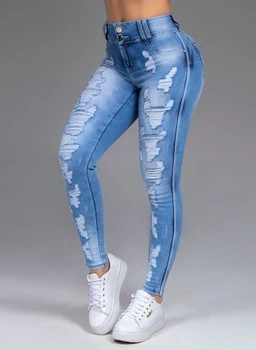 Skinny Jeans Ženska, Visoka, Vitka Seksi Raztrgala Strech Hlače v korejskem slogu Modne Ulične Stiski Slim Modra Traper Hlače