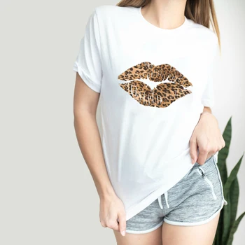 Srčkan Leopard Ustnice Natisni T-shirt Smešno Ženske Graphic Tee Shirt Vrh Estetske Poletje 90. letih Tumblr Hipster Bombaž Tshirt Ulične