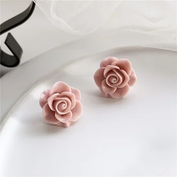 Srčkan Smolo Pink Rose Stud Uhan 3D Vklesan Cvet Uhani Dnevno Nakit Rojstni dan Darila Koreja Uhani za Ženske