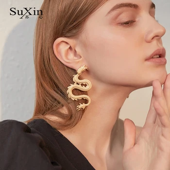 SuXin uhani 2020 novo preprosti zlati zmaj-oblikovan temperament uhani za ženske dolgo zlitine uhani nakit darilo