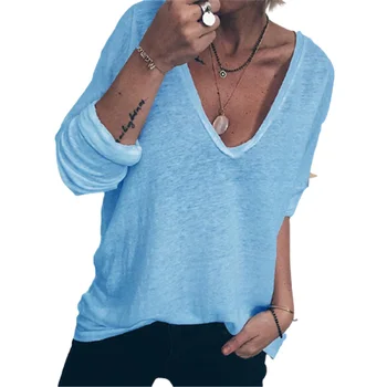 Svoboden Priložnostne Ženske Majice Bombaž Dolg Rokav Modra Vrhovi Jeseni Proti-Vrat Ulica Osnovna Barva Tee Prevelik 2XL Dame T-Shirt