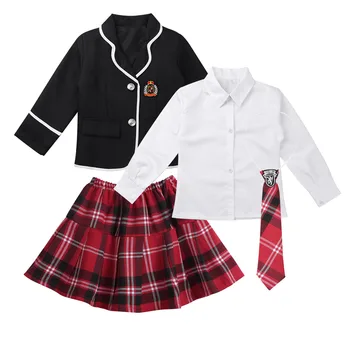 TiaoBug Otroci Teens Japonski Anime Cosplay Študentov Kostum za Dekleta Britanski Stil Šolsko Uniformo Suknjič s Srajco, Kravato Mini Krilo Set