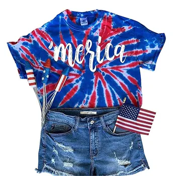 Tie Dye Ameriško Zastavo Merica Pismo Tiskanja Ženske Tshirts Dan Neodvisnosti Prevelik Harajuku Vrhovi Ženskih Poletnih Vintage Oblačila