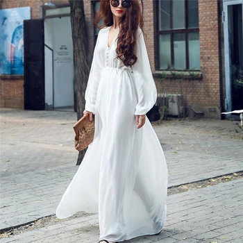 Tla-Dolžina Maxi Šifon Obleko Bele Plaže Obleke Z Dolgimi Rokavi Ženske Elegantne Poletne Dolge Obleke, Boho Haljo Femme Vestdiaos
