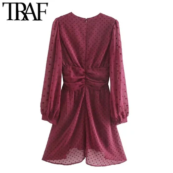 TRAF Ženske Elegantna Moda S Pasom, ki se Nizajo Očesa Mini Obleka Letnik Dolg Rokav Nazaj Zadrgo Ženske Obleke Vestidos Mujer