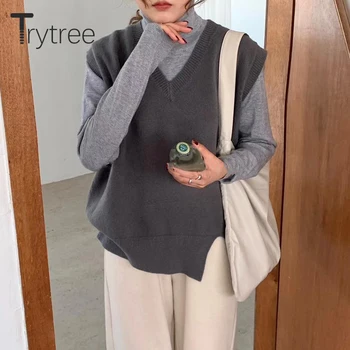 Trytree 2020 Jeseni, Pozimi Priložnostne Ženske Jopica Telovnik Asimetrični Split Robom Trdna 7 Barv Pletene Telovnik Osnovne Tank Zgornji Del Ženske