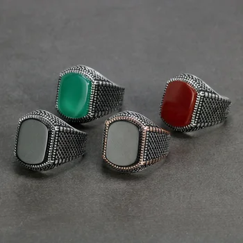 Turčija Nakit Black Ring Moških Svetlobe-teža 6 g Pravi 925 Sterling Srebro Mens Obroči Naravnih Agate Kamen Kul Vintage Moda