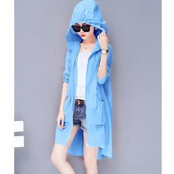 UHYTGF Dolg rokav tanke poletje coats ženska Plaži Anti-UV Plus velikost oblačila za zaščito pred Soncem Hooded Svoboden študent dolg plašč 1432