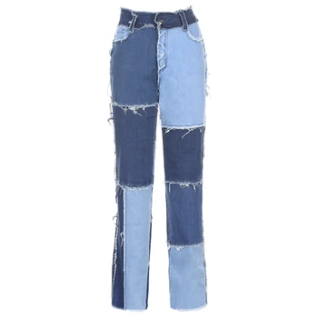 Ulične Žensk y2k Bodycon Jeans, Moda Mozaik Harajuku Estetske Hlače Jeans Visoka Vitka Denim 90. letih Kavbojke Cuteandpsycho