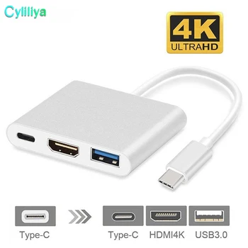 USB-C Multiport Hub Tok, 3-v-1 Tip C Pretvornik z 1 USB 3.0 Port, 1 1080P Izhod HDMI in 1 Tip-c PD Polnjenje Vrata