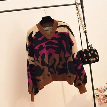V jeseni in pozimi nositi Pulover languid retro slogu Hong Kong Slog Proti-vrat leopard, tiskanje pletenih dno majica