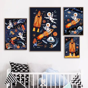 Vesoljska Raketa Planet Astronavt Star NLP Vrtec Wall Art Platno Slikarstvo Nordijska Plakatov In Fotografij Stenske Slike Otroci Soba Dekor