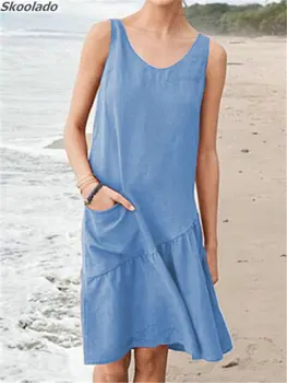 Vintage dolgo ženske obleko srajco O vratu ne rokav bombaž perilo dolge poletne obleke, Casual obleke lady udobno oversea design