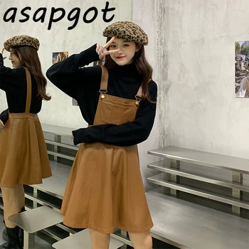 Vintage korejski Elegantna Jeseni Slim Velikem Zamahu Tank Kaki PU Usnje Obleka Mini Black Turtleneck Puloverji Gospa Moda Divje Priložnostne