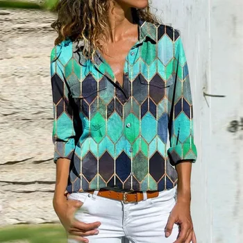 Vintage Natisni Majica Bluzo Pomlad Elegantno Zavoj Navzdol Ovratnik Urad Dama Majice, Vrhovi Priložnostne Ženske Svoboden Blusas Plus Velikost