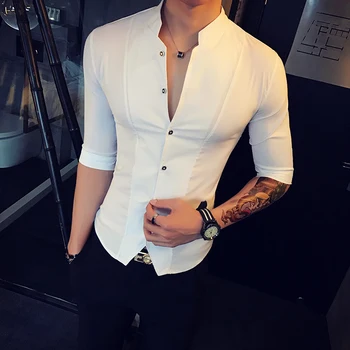 Visok ovratnik shirt za moške slim fit korejski oblačila za moške, polovico rokav 2019 poletje oblikovalec za Klub Moški Kitajski slog Majica