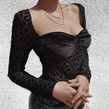 Visoka Kakovost Žensk Pomlad 2021 Leopard Tiskanja Bodycon Črna Obleka, Sexy Kvadratnih Vratu Dolg Rokav Slavni Klub Stranka Bodysuit