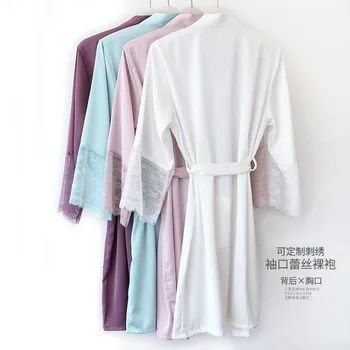 Vroče Bele žene Svile Čipke Oblačilih, Poročno Družico Nevesta Obleke kimono Trdna haljo Sleepwear Nightgown Družico Oblačilih, velikost M-XL